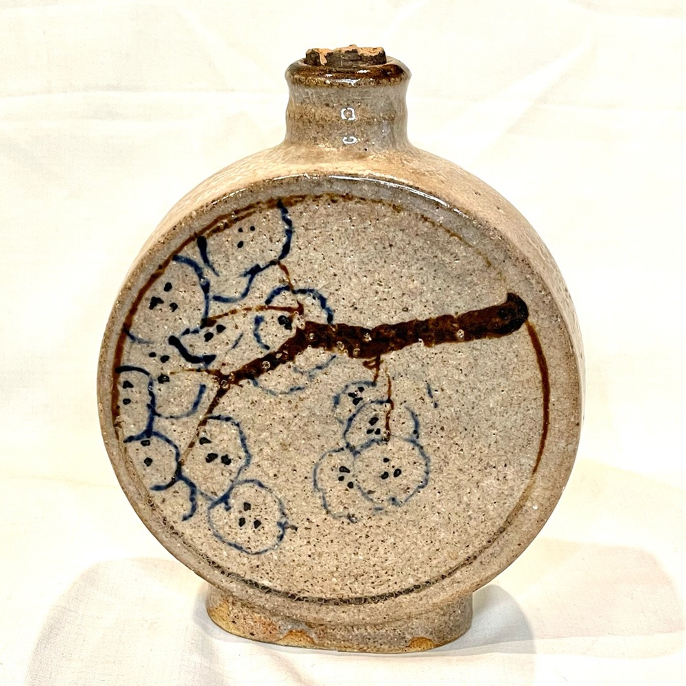 Vintage Japanese Stoneware Pottery flask/jar Hand Painted Florals
